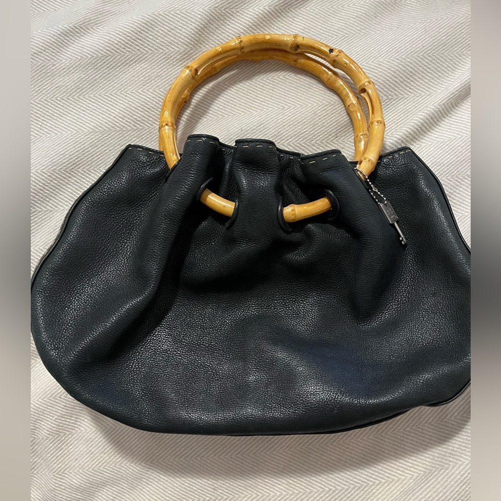 Black Leather Tote with Bamboo Handles - Elegant Women's Bag